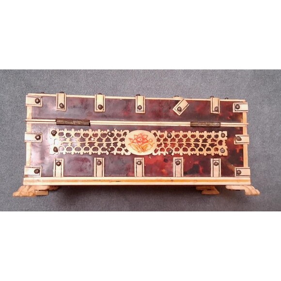 Vintage Vizagapatam Box Faux Tortoiseshell Carved Painted - Picture 5 of 10